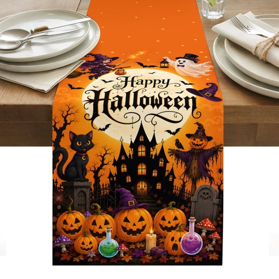 Happy Halloween Table Runner, Haunted Castle Pumpkins Witch Flying Ghosts Washable Kitchen Table Runners Dress Scarves for Dining Table Decorations Party/Restaurant/Indoor Outdoor Use, 13x90in