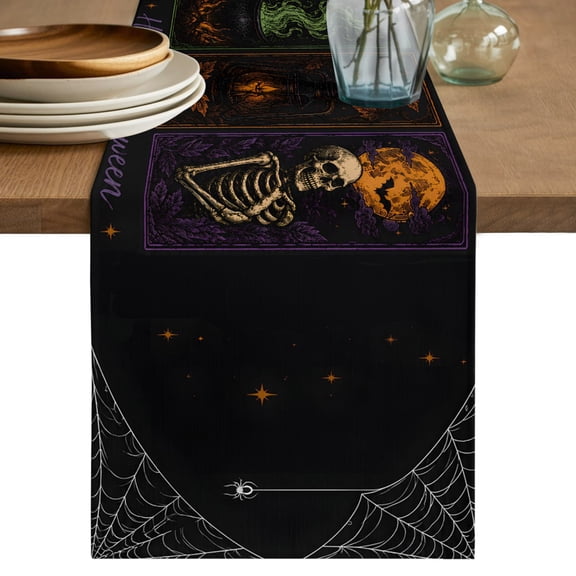 Happy Halloween Table Runner, Retro Goth White Skeleton Black Ravens Dark Academia Cotton Linen Table Cloth, Tablerunner for Kitchen Dining Party Wedding Home Decor 13x36 Inch