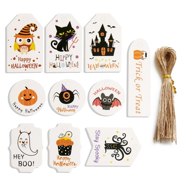 Happy Halloween Tags - 50 Pcs Ghost Paper Gift Tags with String for Trick or Treat Bags, Spooky Halloween Party Favors Tag for Candy Bags, DIY Crafts, Gift Wrapping