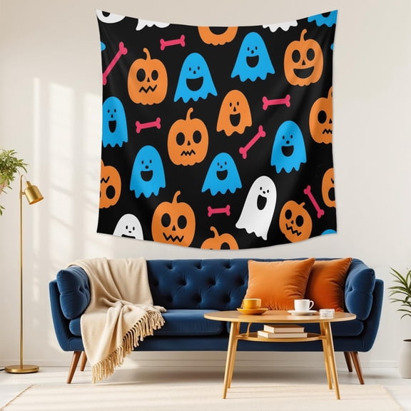 Happy Halloween Tapestries Tablecolths Evil Pumpkin Ghost Tapestries for Home Living Room (59x59 in)