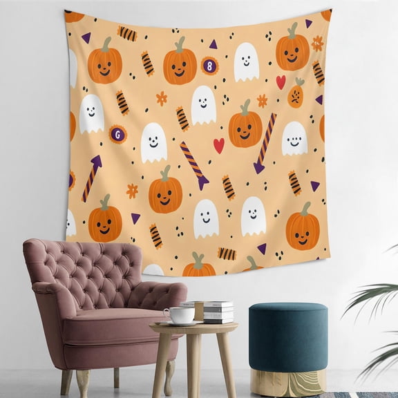 Happy Halloween Tapestry Tablecolths Pumpkin Skull Bat Spider Tapestries for Home Living Room (50x50 in)