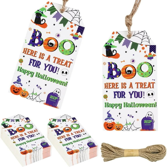 Happy Halloween Thank You Tags, 50pcs Halloween Party Favor Gift Tags Hanging Paper Tags for Orange Purple Halloween Baby Shower Happy Boo Day Birthday