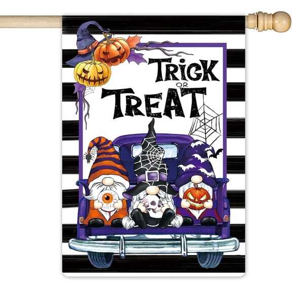 Happy Halloween Three Gnomes in Truck Watercolor Stripes Garden Flag 28×40 Inch Double Sided Burlap Large Welcome Vertical Pumpkin Banner Outside Vertical Holiday Yard Flag
