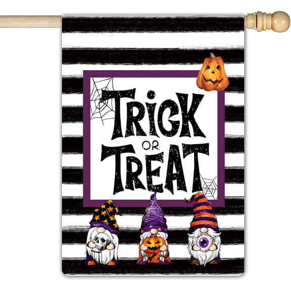 Happy Halloween Three Gnomes Watercolor Stripes Garden Flag Double Sided Welcome Vertical Pumpkin Banner Outside Vertical Holiday Yard Flag 28×40 In