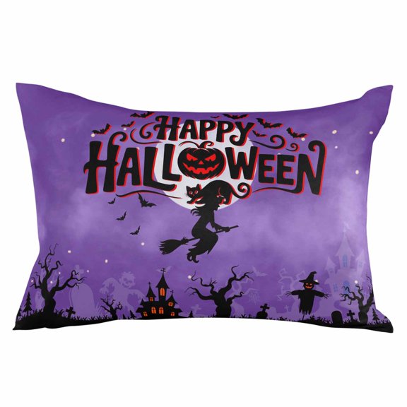 Happy Halloween Throw Pillow Cover 20 x 26 Inch Decorative Pillow Cover Pumpkin Witch Castle Cat Tree Purple Black Lumbar Pillowcase Seasonal Rectangle Cushion Case for Couch Sofa Bed Living Room