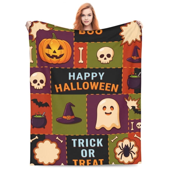 Happy Halloween Throw Trick or Treat Cozy Flannel Blanket, Pumpkin Ghost Washable Fuzzy Throw Blanket for Women and Men, Couch Chair Sofa Dorm Bedroom Home 50x40