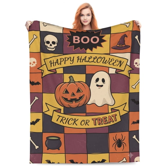 Happy Halloween Throw Trick or Treat Cozy Flannel Blanket, Pumpkin Ghost Washable Fuzzy Throw Blanket for Women and Men, Couch Chair Sofa Dorm Bedroom Home 50x40