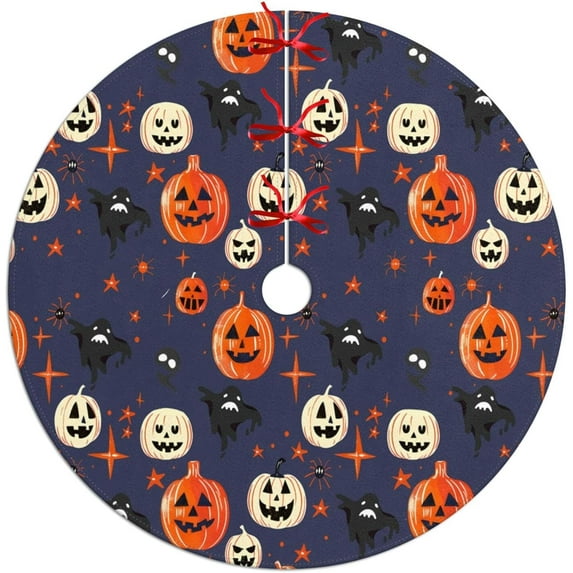 Happy Halloween Tree Skirt - 48 Inch Large Tree Skirts for 7.5Ft Trees with Pumpkin Bat Pattern, Trick or Treat Black Soft Tree Mat for Farmhouse Holiday Party Decorations Indoor Outdoor