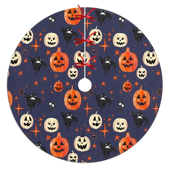 Happy Halloween Tree Skirt Black - 48 Inch Large Tree Skirts for 7.5 Ft Tree with Ghosts Pattern, Soft Festival Tree Rug for Farmhouse Winter Holiday Party Decorations Indoor Outdoor