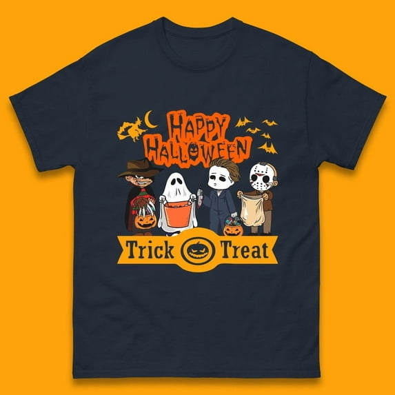 Happy Halloween Trick Or Treat Chibi Horror Movie Characters Killer Mens Tee Top,Navy Color,Size M
