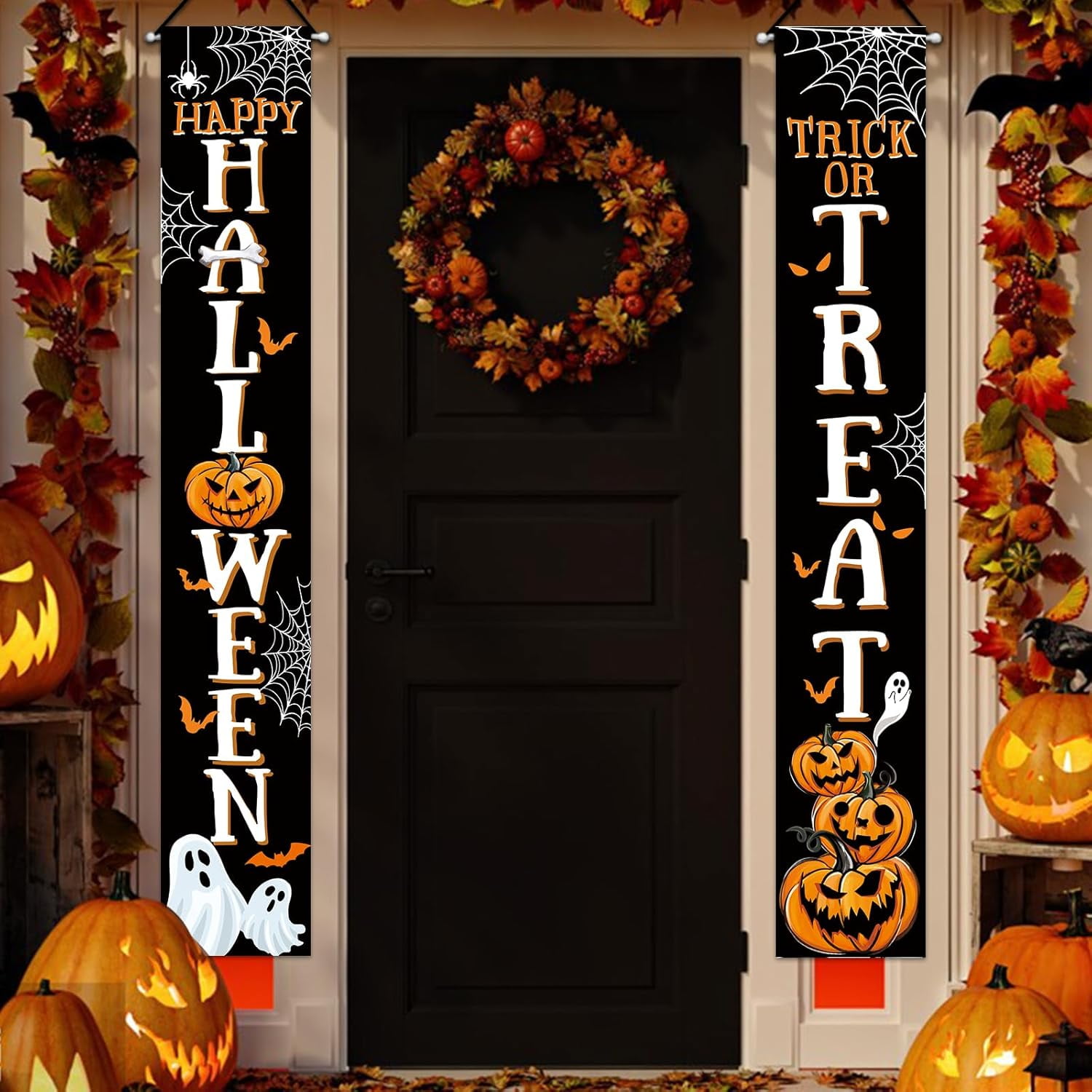 Happy Halloween Trick or Treat Porch Banner Sign, Jack O Lantern