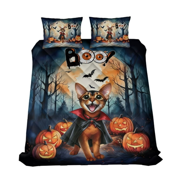 Happy Halloween Vampire Abyssinian BOO with Pumpkins Fun and Spooky Quilt Bedding Set Cat Lover Kitten Owner Gifts 1 Blanket Bed Cover 2 Pillowcases - 00018