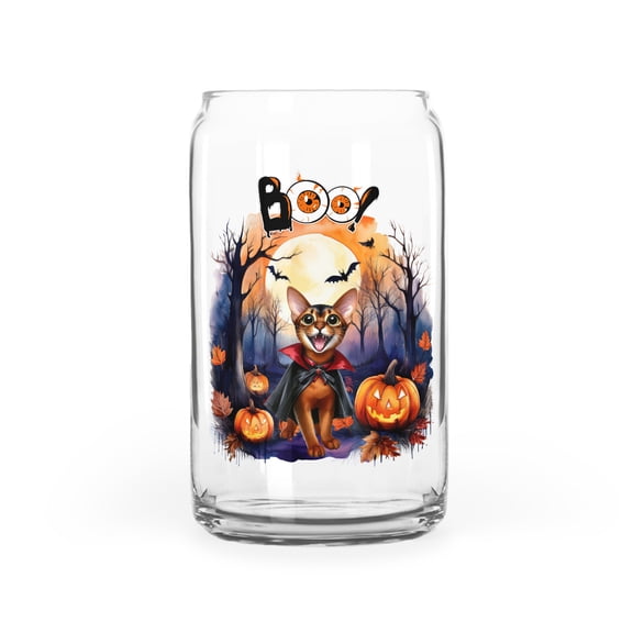 Happy Halloween Vampire Abyssinian BOO with Pumpkins Fun and Spooky 16oz Glass Cup Mug Cat Lover Kitten Owner Gifts Glass Can - 00018