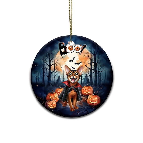 Happy Halloween Vampire Abyssinian BOO with Pumpkins Fun and Spooky Ceramic Round Ornament Cat Lover Kitten Owner Gifts Home Tree Decor - 00018