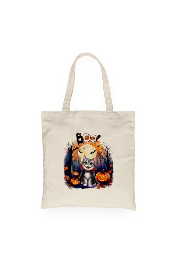 Happy Halloween Vampire American Shorthair BOO with Pumpkins Fun and Spooky Canvas Tote Bag Cat Lover Kitten Owner Gifts Reusable Shopping Grocery Bag - 00018