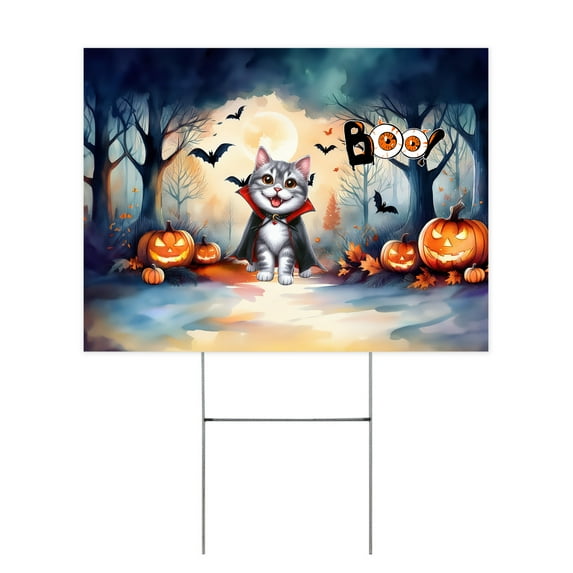 Happy Halloween Vampire American Shorthair BOO with Pumpkins Fun and Spooky Yard Sign Cat Lover Kitten Owner Gifts Outdoor Home Lawn Garden Porch Decor - 00018
