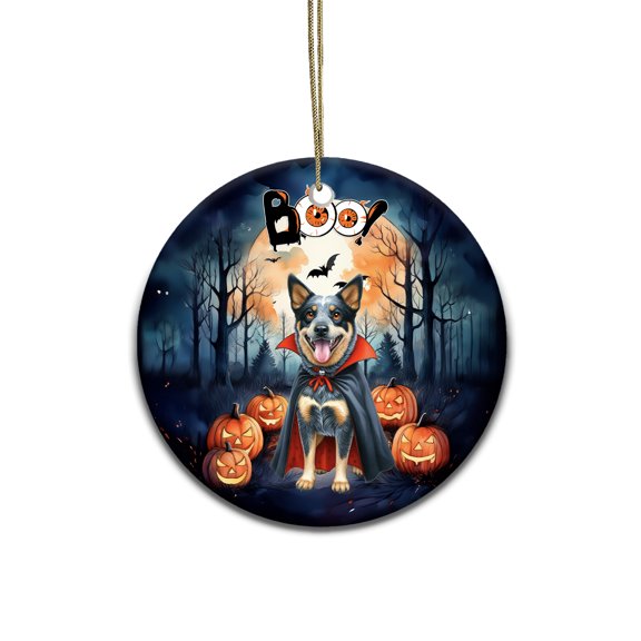 Happy Halloween Vampire Australian Cattle Dog BOO with Pumpkins Fun and Spooky Ceramic Round Ornament Heeler Lover Gifts Home Tree Decor - 00018
