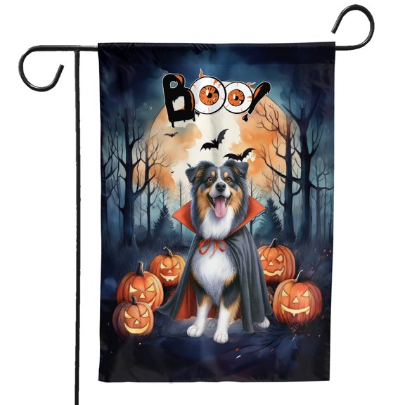 Happy Halloween Vampire Australian Shepherd BOO with Pumpkins Fun and Spooky Garden Flag 12x18in Double Sided Aussie Dog Lover Gifts Outdoor Decor - 00018