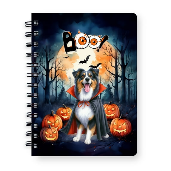 Happy Halloween Vampire Australian Shepherd BOO with Pumpkins Fun and Spooky Spiral Bound Journal Aussie Dog Lover Gifts 5x7in Spiral Notebook - 00018