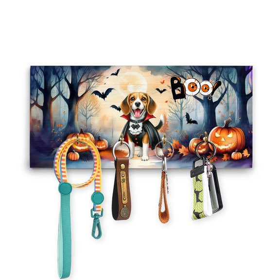 Happy Halloween Vampire Beagle BOO with Pumpkins Fun and Spooky Wood Key Holder Beagles Dog Lover Gifts Idea Wall-mounted Key Rack Home Decor - 00018