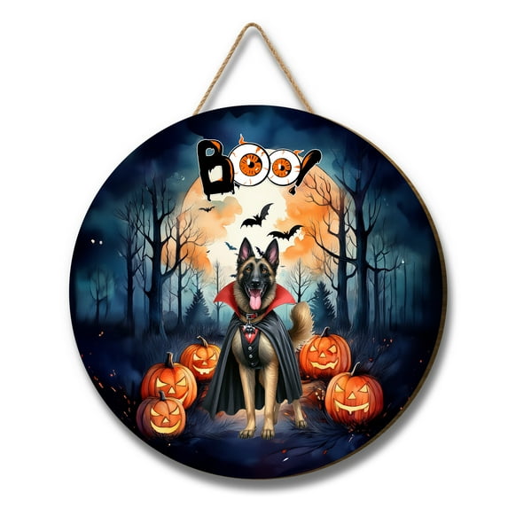 Happy Halloween Vampire Belgian Malinois BOO with Pumpkins Fun and Spooky Round Wood Sign Sheepdog Dog Lover Gifts Hanging Wall Home Decor - 00018