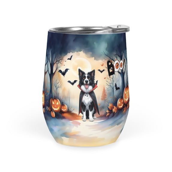 Happy Halloween Vampire Border Collie BOO with Pumpkins Fun and Spooky 12oz Stainless Steel Wine Tumbler Insulated Cup with Lid Borders Dog Lovers Gifts Idea - 00018