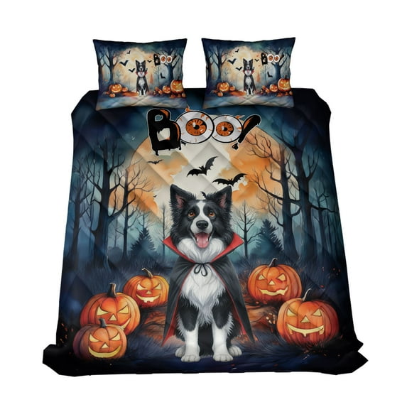 Happy Halloween Vampire Border Collie BOO with Pumpkins Fun and Spooky Quilt Bedding Set Borders Dog Lovers Gifts Idea 1 Blanket Bed Cover 2 Pillowcases - 00018