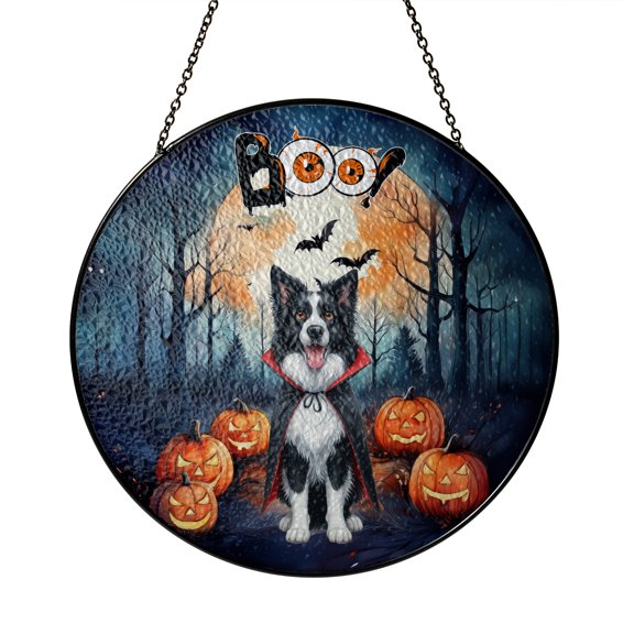 Happy Halloween Vampire Border Collie BOO with Pumpkins Fun and Spooky Stained Glass Suncatcher Borders Dog Lovers Gifts Idea Window Hanging Sign Decor - 00018