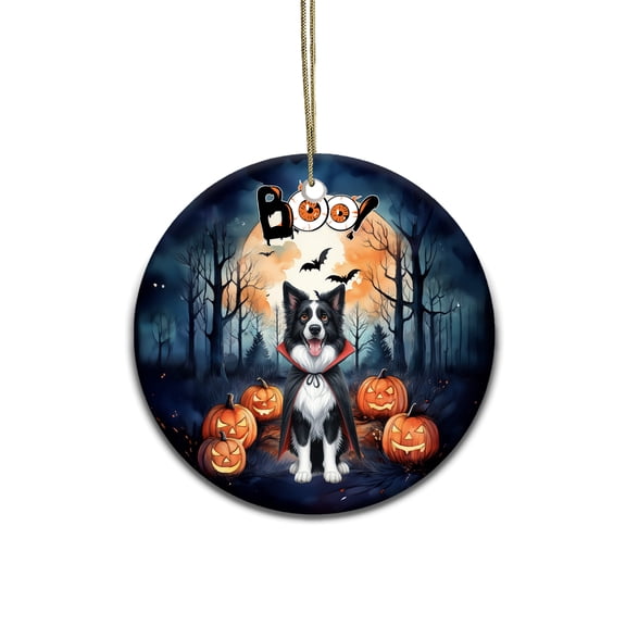 Happy Halloween Vampire Border Collie BOO with Pumpkins Fun and Spooky Ceramic Round Ornament Borders Dog Lovers Gifts Idea Home Tree Decor - 00018