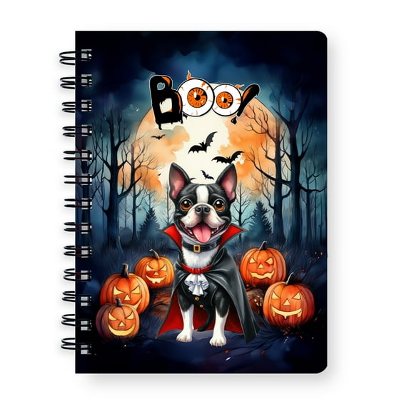 Happy Halloween Vampire Boston Terrier BOO with Pumpkins Fun and Spooky Spiral Bound Journal Gentleman Dog Lover Gifts 5x7in Spiral Notebook - 00018