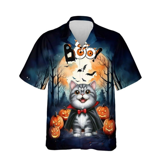 Happy Halloween Vampire British Shorthair BOO with Pumpkins Fun and Spooky Hawaiian Shirt Breathable Summer Unisex Merch Cat Lover Kitten Owner Gifts - 00018