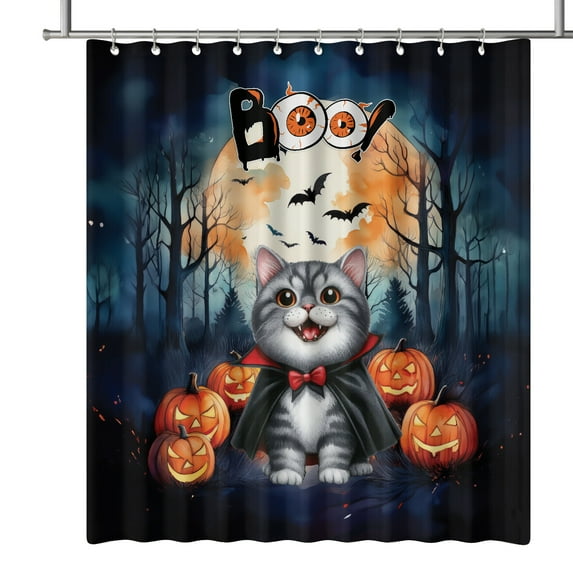 Happy Halloween Vampire British Shorthair BOO with Pumpkins Fun and Spooky Shower Curtain Cat Lover Kitten Owner Gifts Waterproof Bathroom Bathtub Curtain - 00018