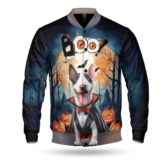Happy Halloween Vampire Bull Terrier BOO with Pumpkins Fun and Spooky All Over Print 3D Baseball Jacket Bully Dog Lovers Gifts Idea Bomber Jacket Softball - 00018