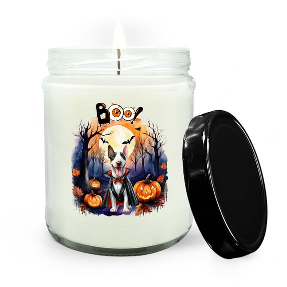 Happy Halloween Vampire Bull Terrier BOO with Pumpkins Fun and Spooky Soy Wax Candle Bully Dog Lovers Gifts Idea 16oz White Vanilla Candle - 00018