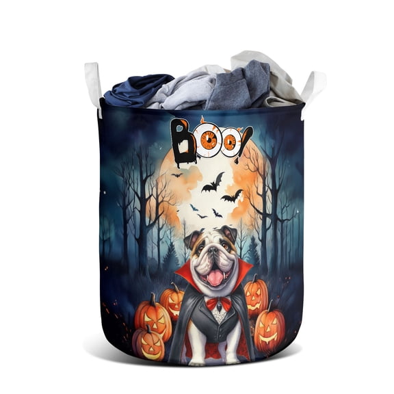 Happy Halloween Vampire Bulldog BOO with Pumpkins Fun and Spooky Foldable Laundry Basket Dog Lover Gifts Idea Organizer Storage with Handles - 00018