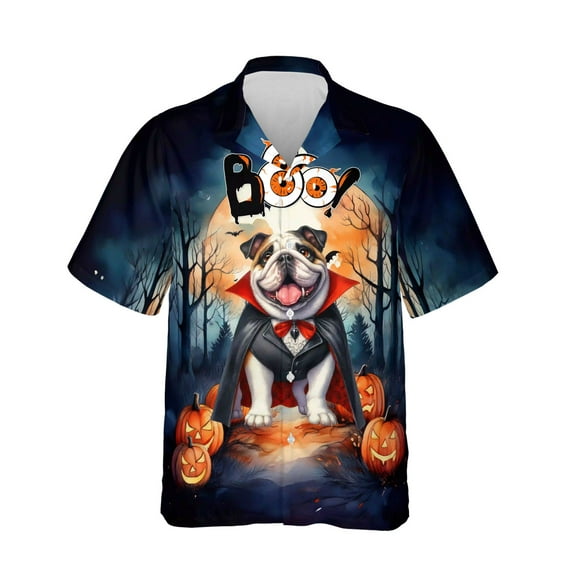 Happy Halloween Vampire Bulldog BOO with Pumpkins Fun and Spooky Hawaiian Shirt Breathable Summer Unisex Merch Dog Lover Gifts Idea - 00018