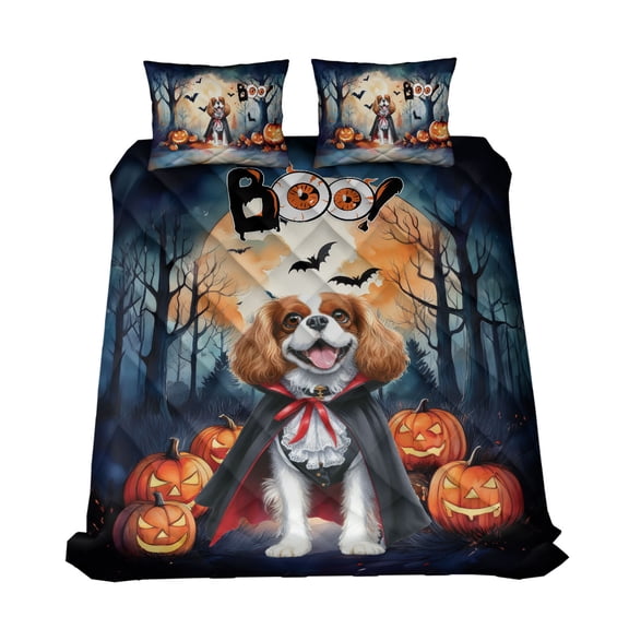 Happy Halloween Vampire Cavalier King Charles Spaniel BOO with Pumpkins Fun and Spooky Quilt Bedding Set Dog Lover Gifts 1 Blanket Bed Cover 2 Pillowcases - 00018