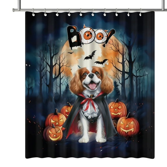 Happy Halloween Vampire Cavalier King Charles Spaniel BOO with Pumpkins Fun and Spooky Shower Curtain Dog Lover Gifts Waterproof Bathroom Bathtub Curtain - 00018