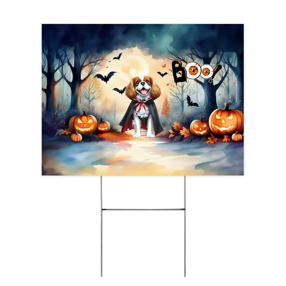 Happy Halloween Vampire Cavalier King Charles Spaniel BOO with Pumpkins Fun and Spooky Yard Sign Dog Lover Gifts Outdoor Home Lawn Garden Porch Decor - 00018