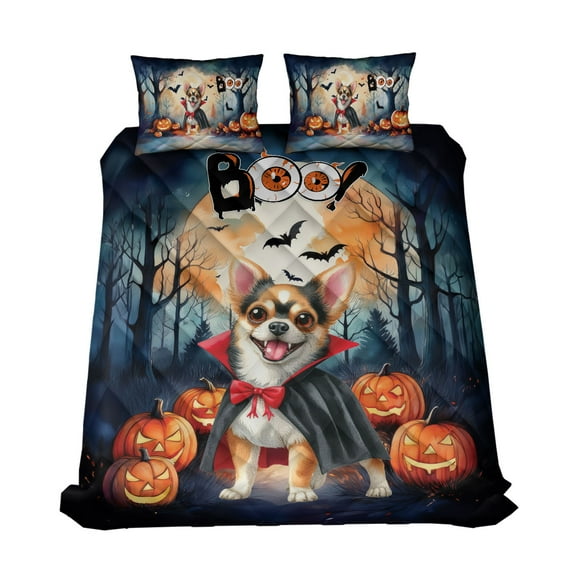 Happy Halloween Vampire Chihuahua BOO with Pumpkins Fun and Spooky Quilt Bedding Set Dog Lover Gifts Idea 1 Blanket Bed Cover 2 Pillowcases - 00018