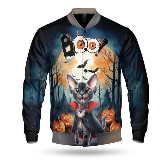 Happy Halloween Vampire Devon Rex BOO with Pumpkins Fun and Spooky All Over Print 3D Baseball Jacket Cat Lover Kitten Owner Gifts Bomber Jacket Softball - 00018