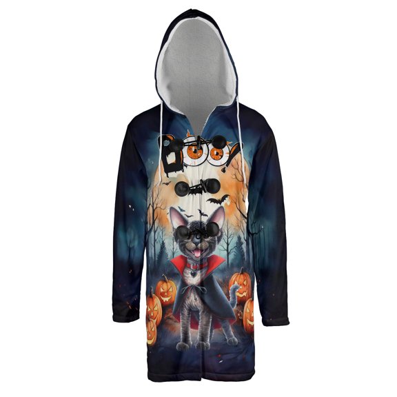 Happy Halloween Vampire Devon Rex BOO with Pumpkins Fun and Spooky All Over Print 3D Hooded Duffle Toggle Coat Cat Lover Kitten Owner Gifts - 00018