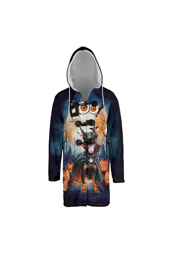 Happy Halloween Vampire Doberman Pinscher BOO with Pumpkins Fun and Spooky All Over Print 3D Hooded Duffle Toggle Coat Doberman Dog Lover Gifts - 00018
