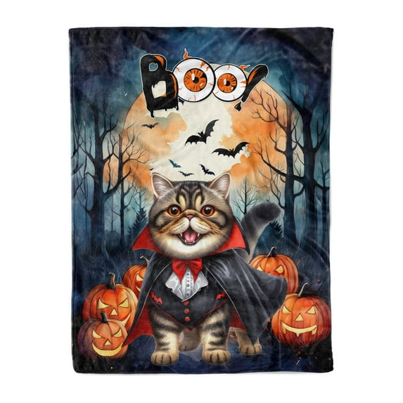 Happy Halloween Vampire Exotic Shorthair BOO with Pumpkins Fun and Spooky Cozy Fleece Blanket Cat Lover Kitten Owner Gifts Warm Soft Throw Blanket - 00018