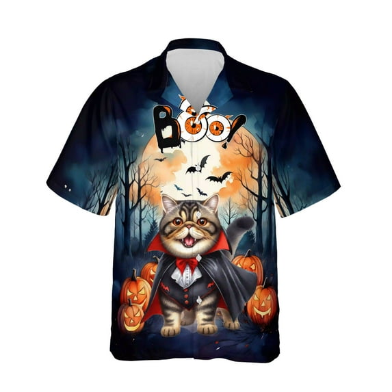 Happy Halloween Vampire Exotic Shorthair BOO with Pumpkins Fun and Spooky Hawaiian Shirt Breathable Summer Unisex Merch Cat Lover Kitten Owner Gifts - 00018
