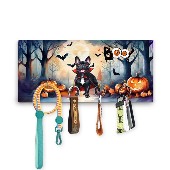 Happy Halloween Vampire French Bulldog BOO with Pumpkins Fun and Spooky Wood Key Holder Dog Lover Gifts Wall-mounted Key Rack Home Decor - 00018