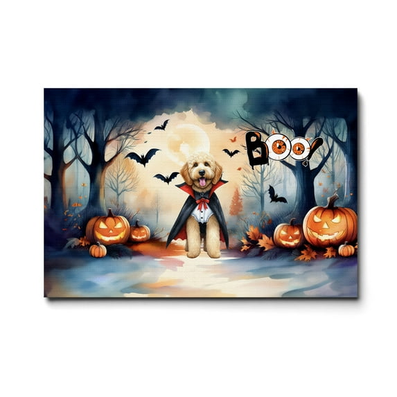 Happy Halloween Vampire Goldendoodle BOO with Pumpkins Fun and Spooky Horizontal Matte Canvas Poster Doodle Dog Lover Gifts Idea Wall Art Home Decor - 00018