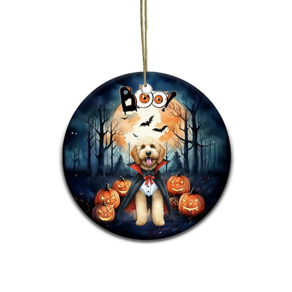 Happy Halloween Vampire Goldendoodle BOO with Pumpkins Fun and Spooky Ceramic Round Ornament Doodle Dog Lover Gifts Idea Home Tree Decor - 00018
