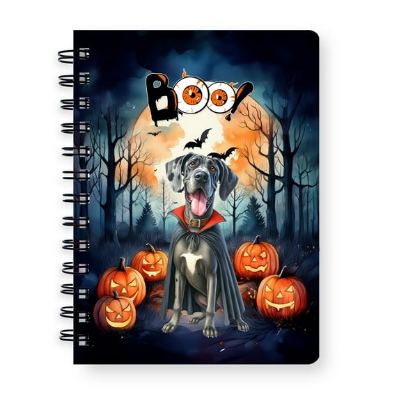 Happy Halloween Vampire Great Dane BOO with Pumpkins Fun and Spooky Spiral Bound Journal Danes Dog Lover Gifts 5x7in Spiral Notebook - 00018