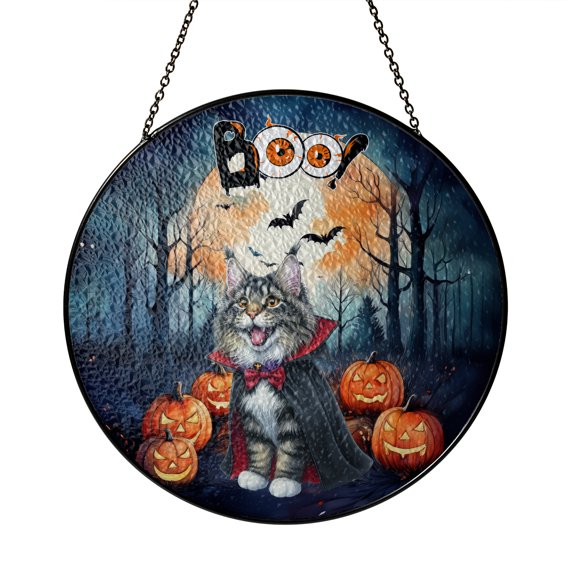 Happy Halloween Vampire Maine Coon BOO with Pumpkins Fun and Spooky Stained Glass Suncatcher Cat Lover Kitten Owner Gifts Window Hanging Sign Decor - 00018